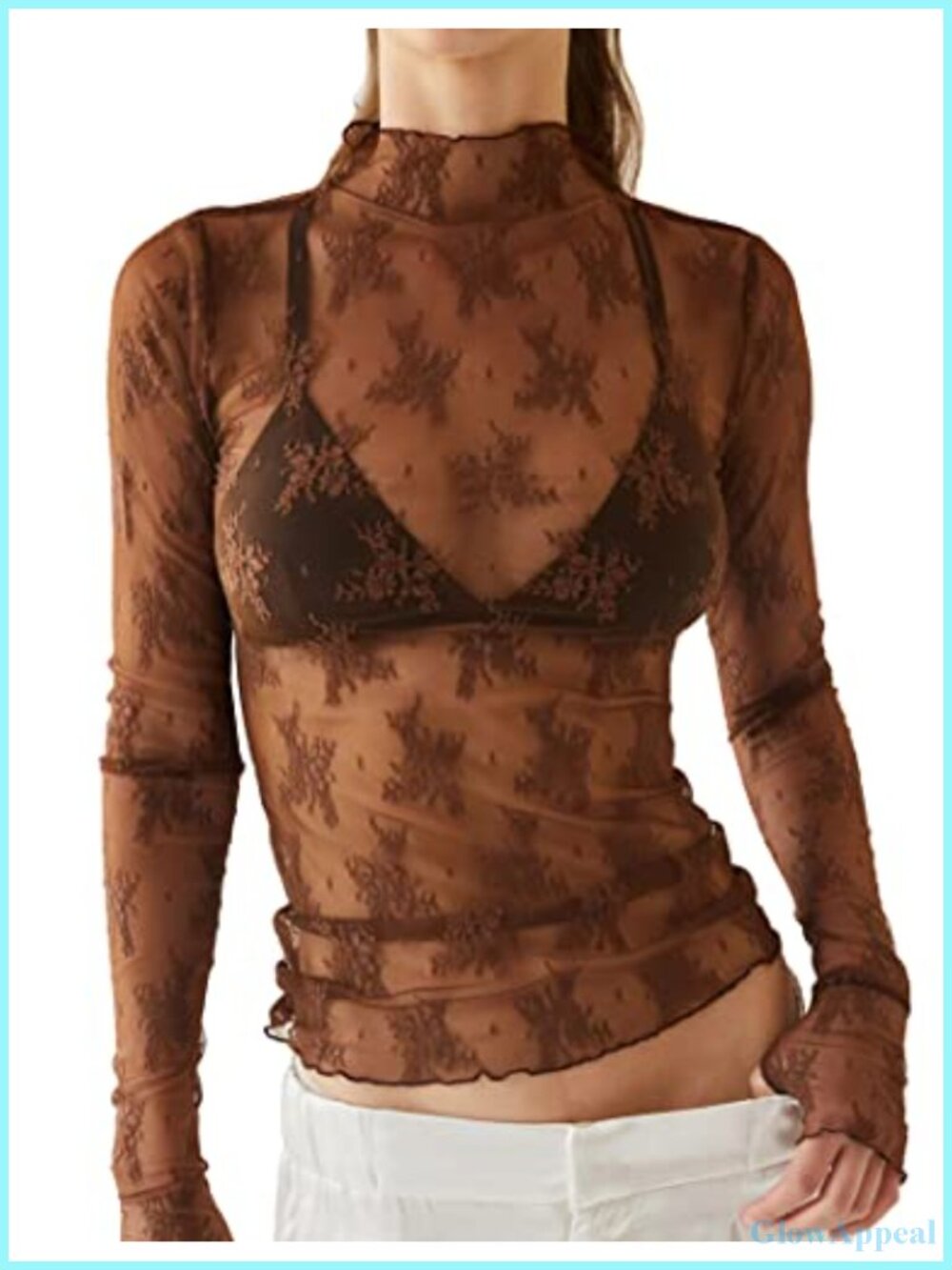 Ugerlov Women's Lace Long Sleeve Mesh Top Mock Neck Sheer Blouse
